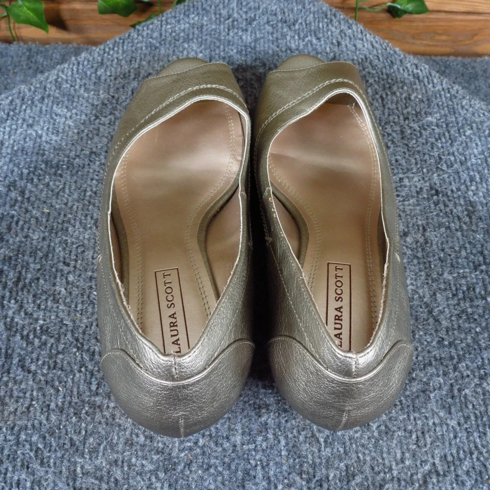 Laura Scott Coleen Women Peep Toe Wedge Pump Size 8.5M Dress Champagne Gold